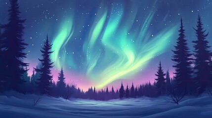 Fototapeta premium The Northern Lights in vibrant green and purple hues light up the sky over a snowy winter forest, creating a majestic and otherworldly scene.