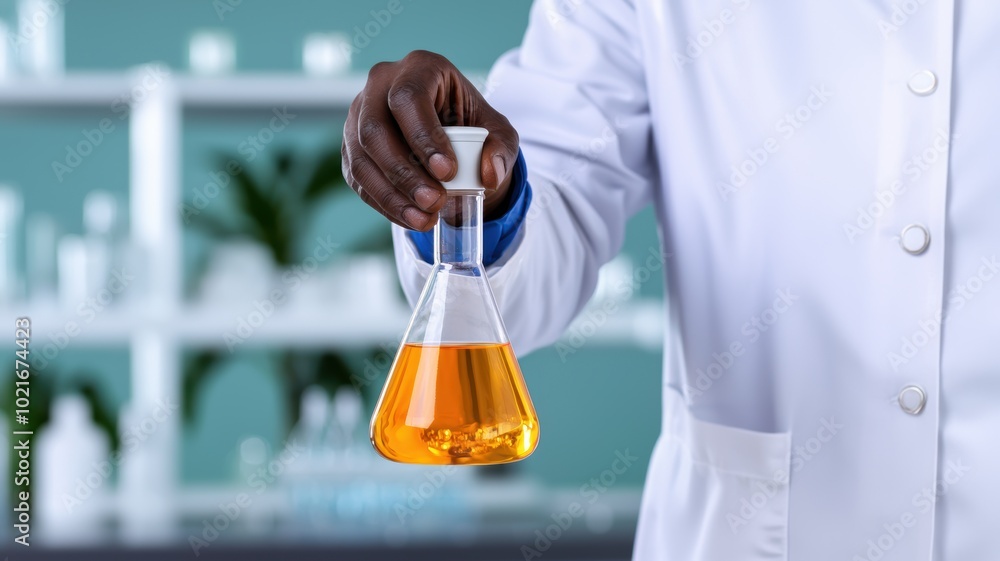 Poster scientist holding flask in laboratory setting
