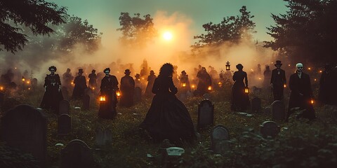 A crowd of ghostly figures gathers in a foggy cemetery at sunset.