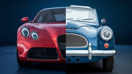 Side-by-side comparison of a new modern car and an old vintage car, split 50/50, showcasing technological evolution and design contrast