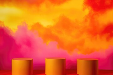 Vibrant Abstract Art with Three Minimalist Pedestals