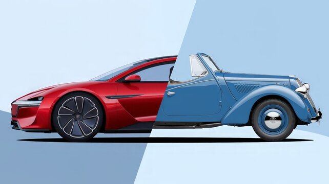 Side-by-side comparison of a new modern car and an old vintage car, split 50/50, showcasing technological evolution and design contrast