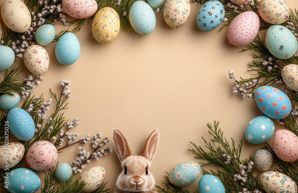 Wall mural a charming arrangement of colorful easter eggs and a bunny on a light background