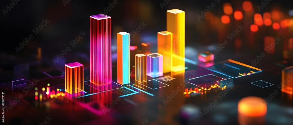 Poster vibrant data visualization with colorful bar charts representing growth and analytics in a digital l