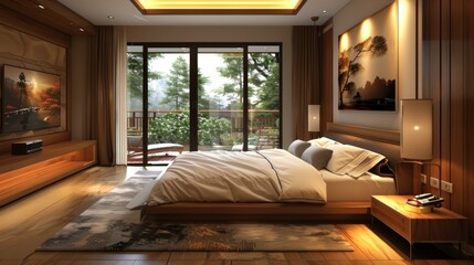 Modern Wooden Bedroom Interior Design with Mountain View