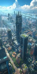 Naklejka premium Futuristic City Skyline Aerial View Illustration