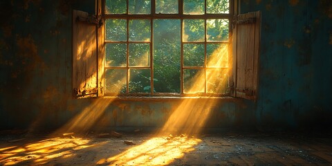 Sunlight streams through a dusty window into an old abandoned room.