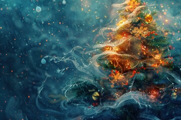 Obraz premium Christmas tree with golden lights and sparkling snow falling creating a magical christmas atmosphere