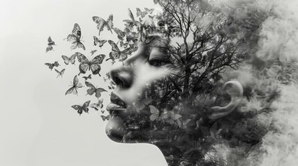 Black and white photo of a woman's face combined with a tree