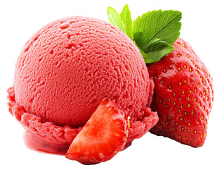 a scoop of strawberry ice cream with a slice of strawberry