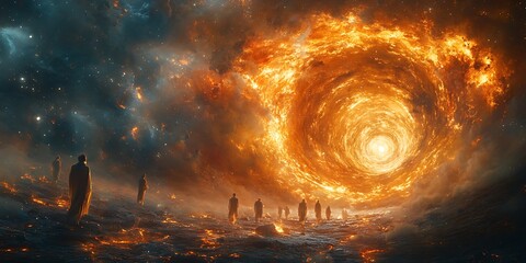 Group of people journey through a fiery portal in space