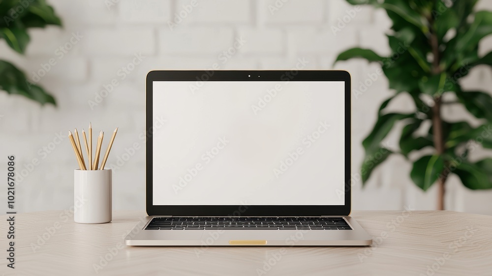 Poster modern laptop on table with empty screen