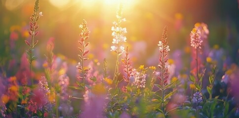 Magical sunset illuminating a field of delicate wildflowers with soft purple hues