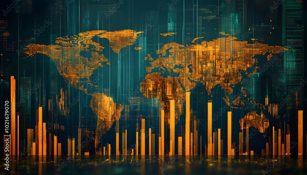 Poster colorful world map illustration overlaid with data visualization elements, showcasing global statist