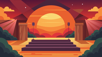 The setting sun casts a warm glow on the stage and its surroundings creating a picturesque and idyllic scene.