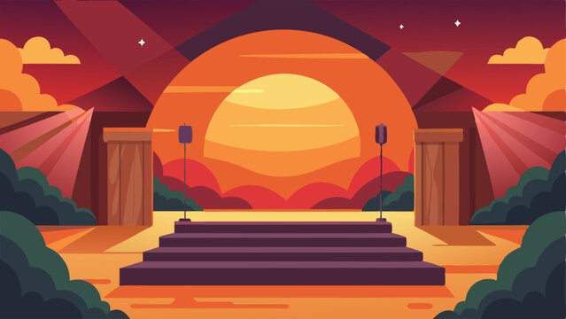 The setting sun casts a warm glow on the stage and its surroundings creating a picturesque and idyllic scene.