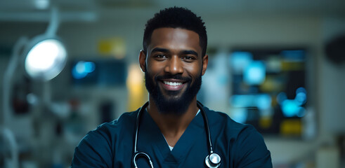 Fototapeta premium Experienced Doctor with Stethoscope in Clinical Environment