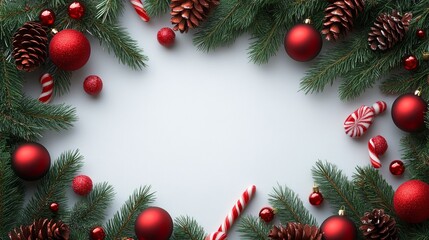 A festive Christmas border with pine branches, ornaments, candy canes, and pine cones on a white background.