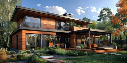 Obraz premium Modern Wooden House Exterior Design Illustration