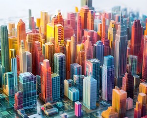 Obraz premium A vibrant, colorful cityscape showcasing illuminated skyscrapers and urban architecture against a bright sky.