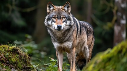 Obraz premium A wolf in grass with trees and bushes in the background