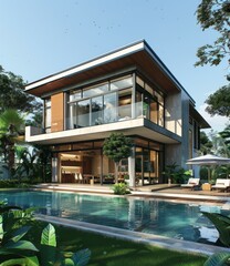 Fototapeta premium Modern Tropical Villa with Swimming Pool Exterior View