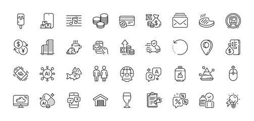 Grilled steak, Metro subway and Fish line icons pack. AI, Question and Answer, Map pin icons. Inflation, Skyscraper buildings, Megaphone checklist web icon. Vector