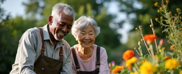 Elderly Black Man And Asian Woman Gardening
