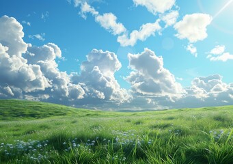 Obraz premium Beautiful Landscape With Fluffy Clouds And Green Grass