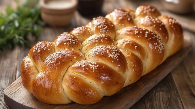 Freshly baked challah bread , sliced with soft butter and honey on the side, ready for breakfast