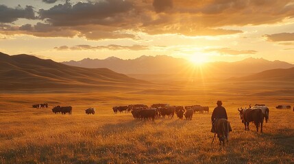 Naklejka premium A man stands beside a group of cows on a barren field, facing a mountain range during sunset