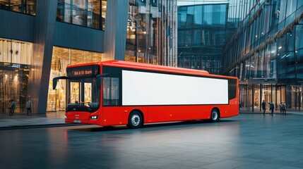 Naklejka premium Red electric bus with blank billboard driving through night city street