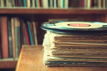 a stack of records sitting on top of a wooden table