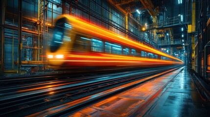 A high-speed train in motion, blurred by the speed of the train, against the backdrop of an industrial setting.