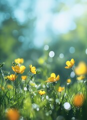 Fototapeta premium Vibrant yellow wildflowers blooming in a lush green meadow under bright sunlight