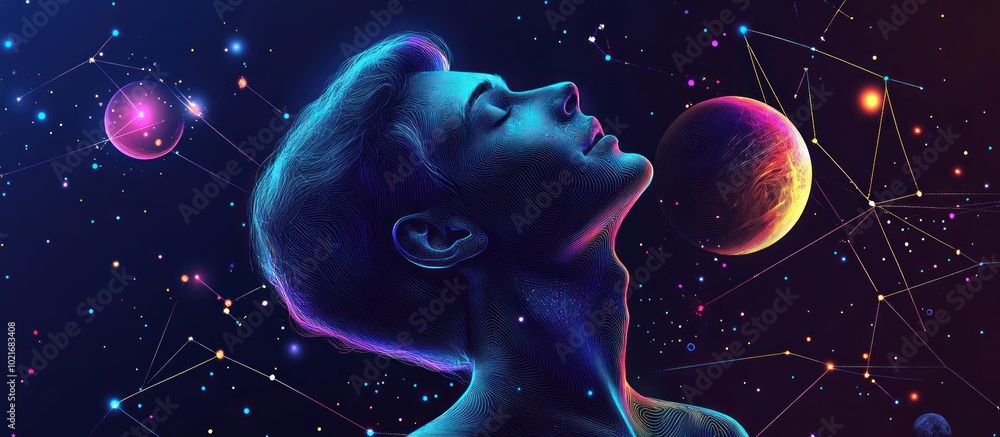 Poster abstract image of a man sings document in the form of a starry sky or space