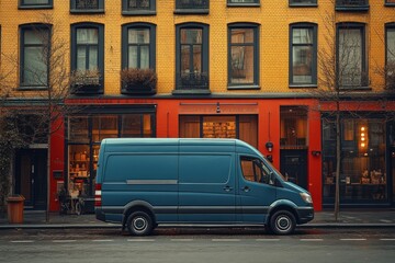 Naklejka premium A blue delivery van parked in front of a row of shops in a European city.