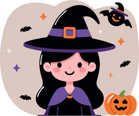 Cartoon cute halloween witch character. Vector flat illustration