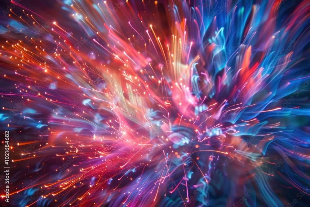 Poster abstract background with wavy lines exploding from the center, in red, blue and white on a black bac