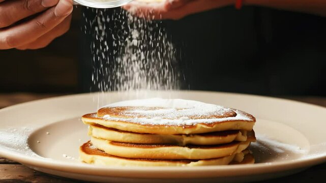 A stack of fluffy pancakes is topped with a dusting of powdered sugar, illuminated by soft rim lighting as the camera zooms in to capture the delicate action. The rustic backdrop adds warmth to the