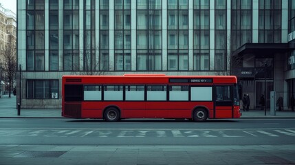 Fototapeta premium Red bus driving through city with advertising mockup space