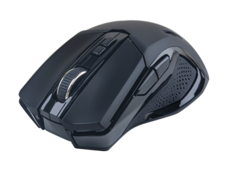 a black computer mouse with a white background