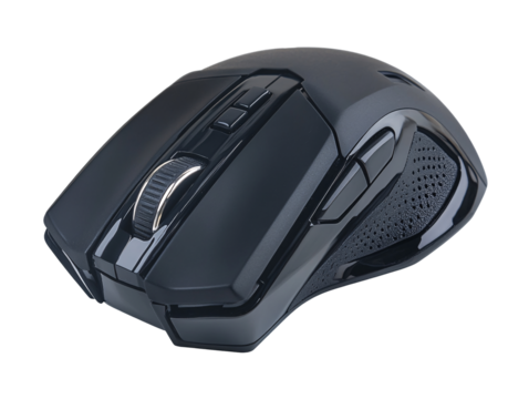 a black computer mouse with a white background