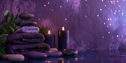 horizontal banner, spa treatment set, beauty, cosmetology and body care concept, dark purple background, copy space, free space for text