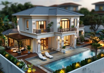 Luxury Villa with Pool and Garden Exterior Design Illustration