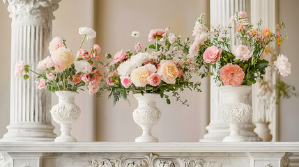 A set of vases adorned with flowers rests atop a white mantel featuring intricate marble pillars