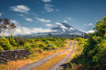 Obraz premium Landscape view of Mount Pico volcano mountain and road in foreground, Pico, Azores
