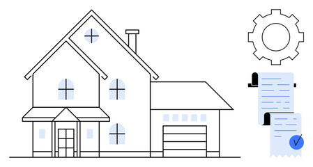 White two-story house with blue windows, a garage, scroll documents, and a gear icon. Ideal for real estate, property management, home buying, construction, and mortgage processes. Minimalist style