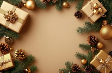 Festive holiday decorations with wrapped gifts, ornaments, and pinecones on a rustic background