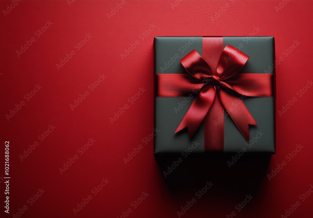 Wall mural A beautifully wrapped black gift box with a red ribbon on a vibrant red backdrop